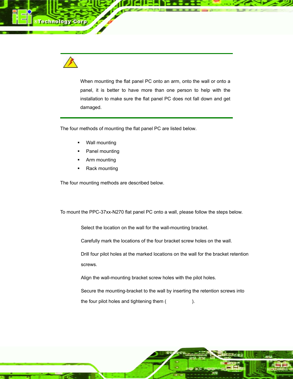 13 mounting the system, 1 wall mounting, Ounting the | Ystem | IEI Integration PPC-37xx-N270 v1.01 User Manual | Page 66 / 165