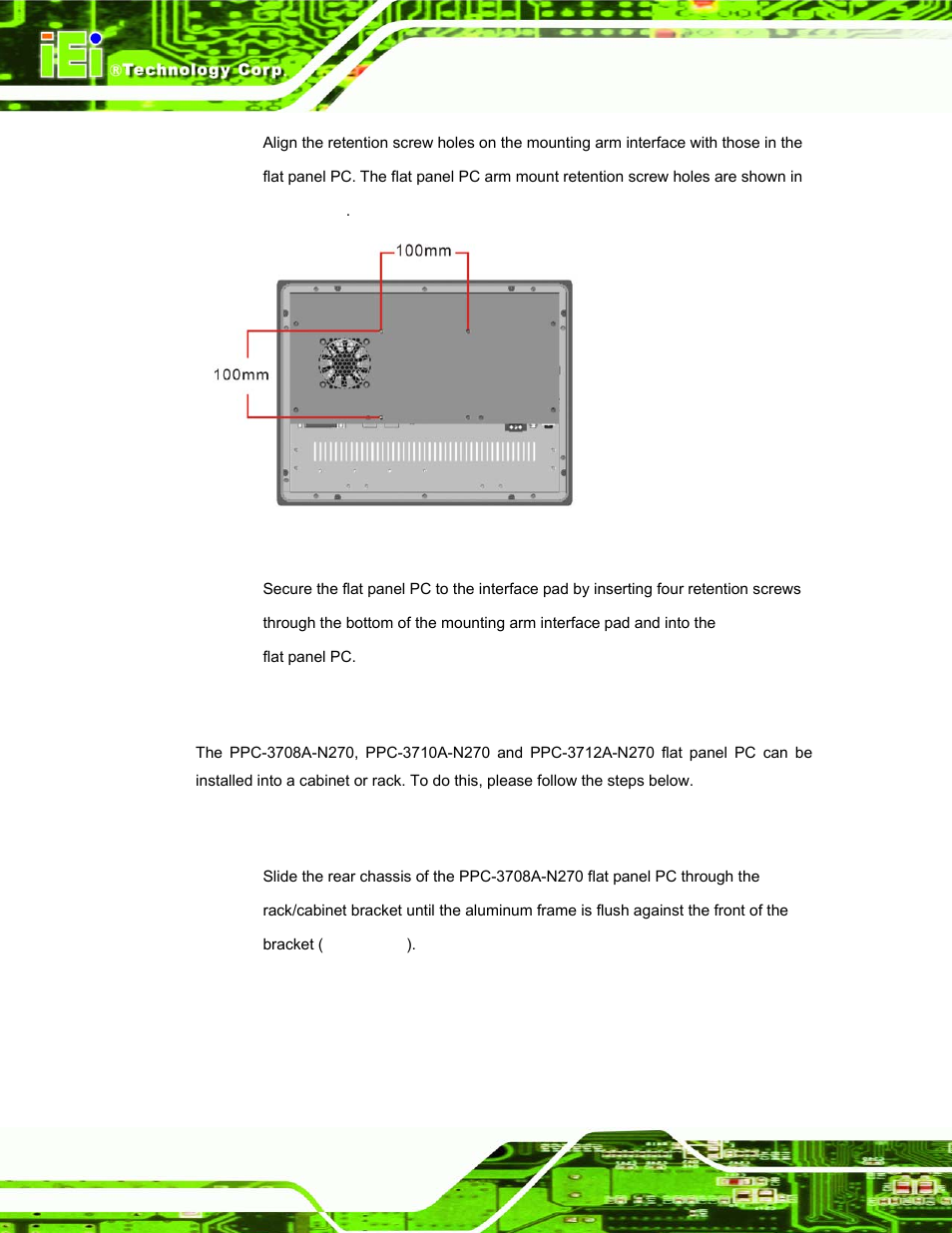 4 cabinet and rack installation, 1 ppc-3708a-n270, Figure 4-29: arm mounting retention screw holes | IEI Integration PPC-37xx-N270 v1.01 User Manual | Page 74 / 165