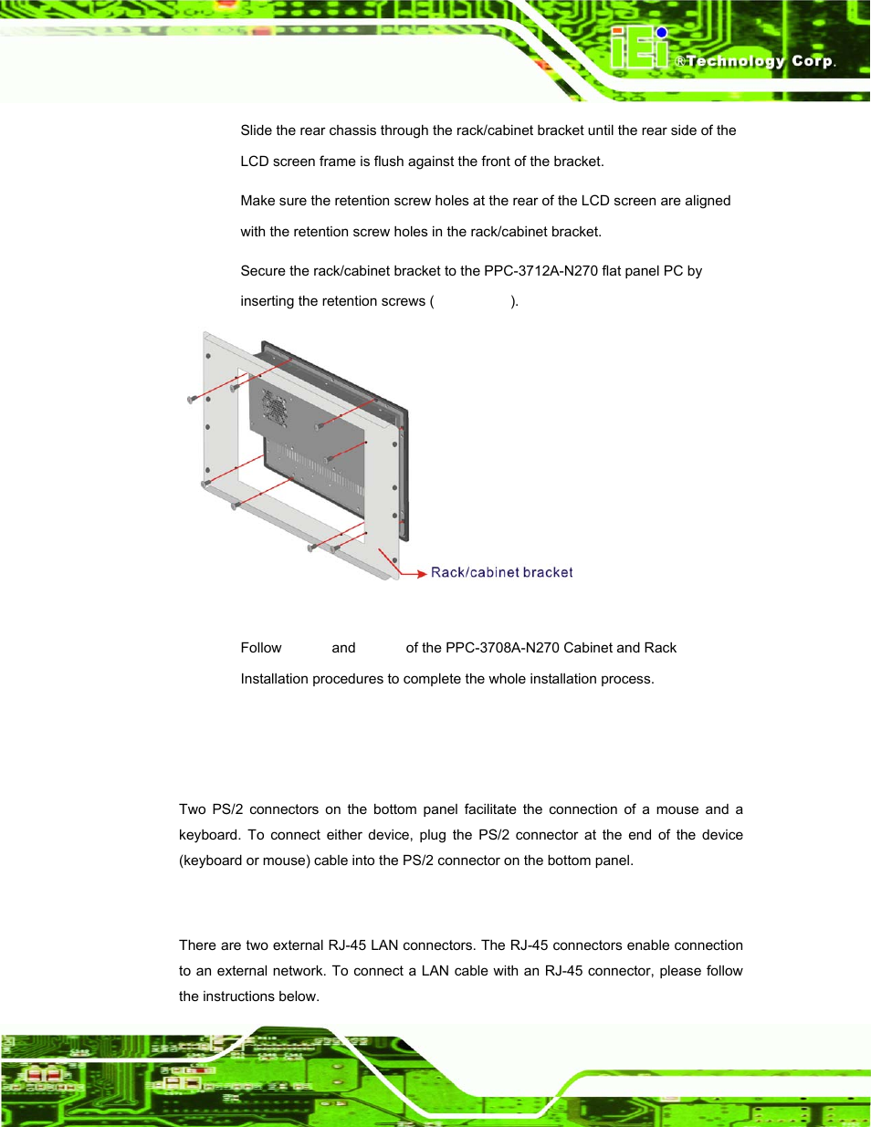 14 rear panel connectors, 1 keyboard and mouse connection, 2 lan connection | Anel, Onnectors, Figure 4-33: secure the rack/cabinet bracket | IEI Integration PPC-37xx-N270 v1.01 User Manual | Page 77 / 165