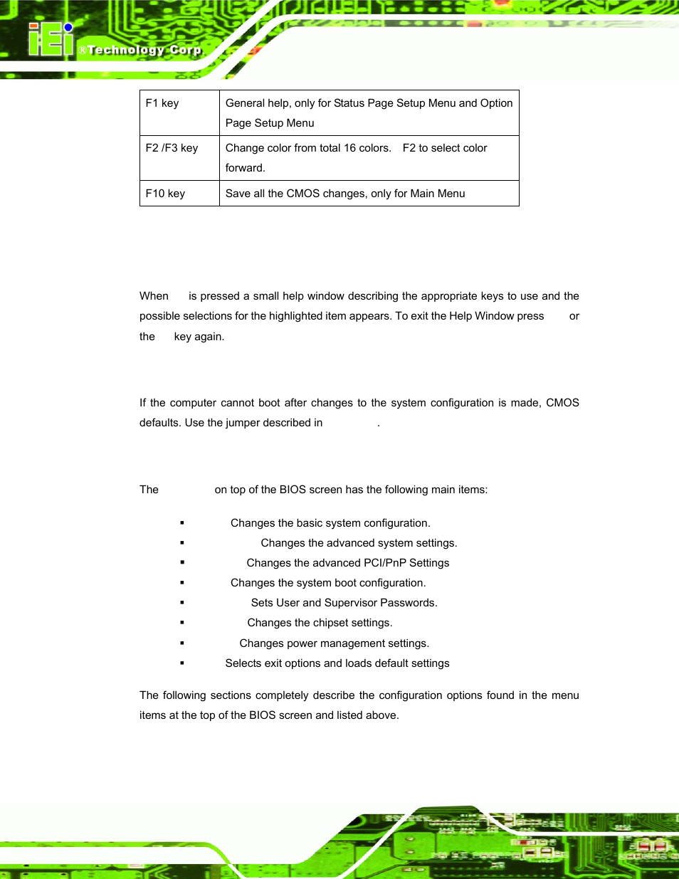 3 getting help, 4 unable to reboot after configuration changes, 5 bios menu bar | Table 5-1: bios navigation keys | IEI Integration PPC-37xx-N270 v1.01 User Manual | Page 84 / 165