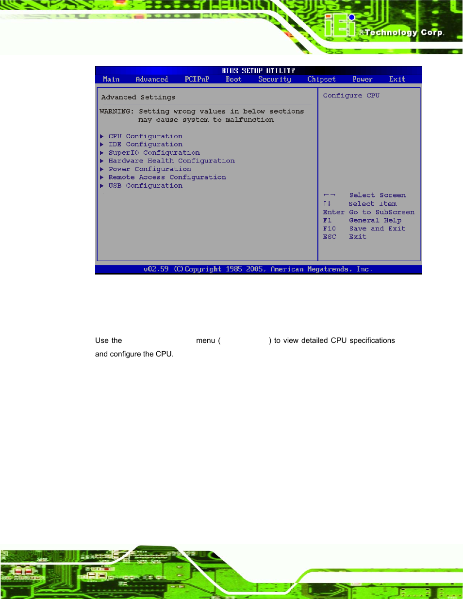 1 cpu configuration, Menu 2: advanced | IEI Integration PPC-37xx-N270 v1.01 User Manual | Page 87 / 165