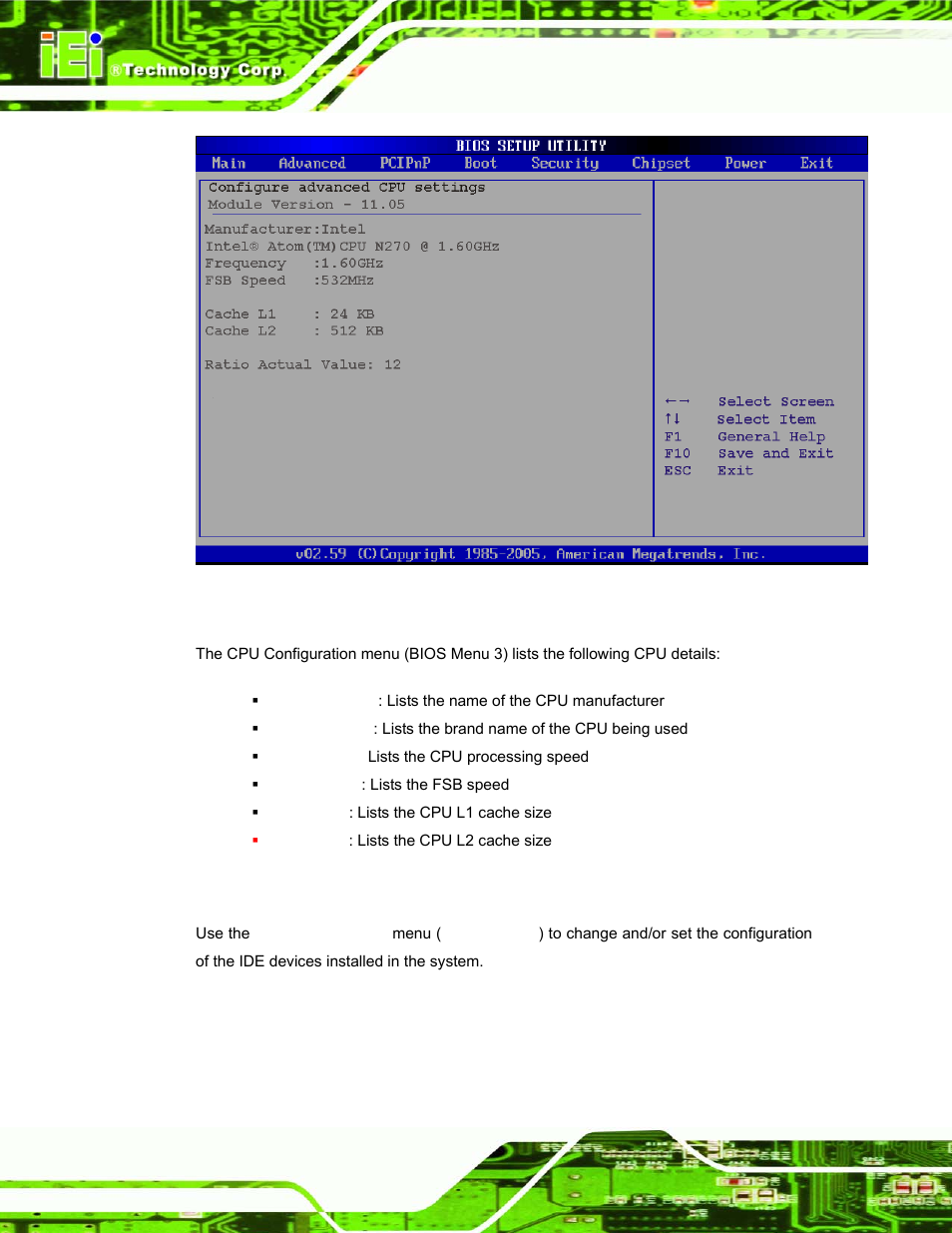 2 ide configuration, Menu 3: cpu configuration | IEI Integration PPC-37xx-N270 v1.01 User Manual | Page 88 / 165