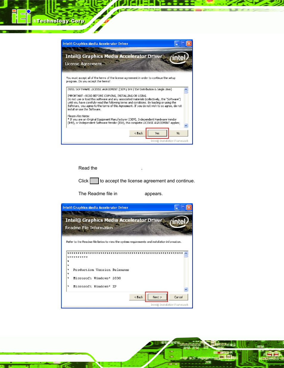 Figure 6-14: vga driver license agreement, Figure 6-15: vga driver read me file | IEI Integration PPC-37xx-N270 v2.11 User Manual | Page 130 / 155