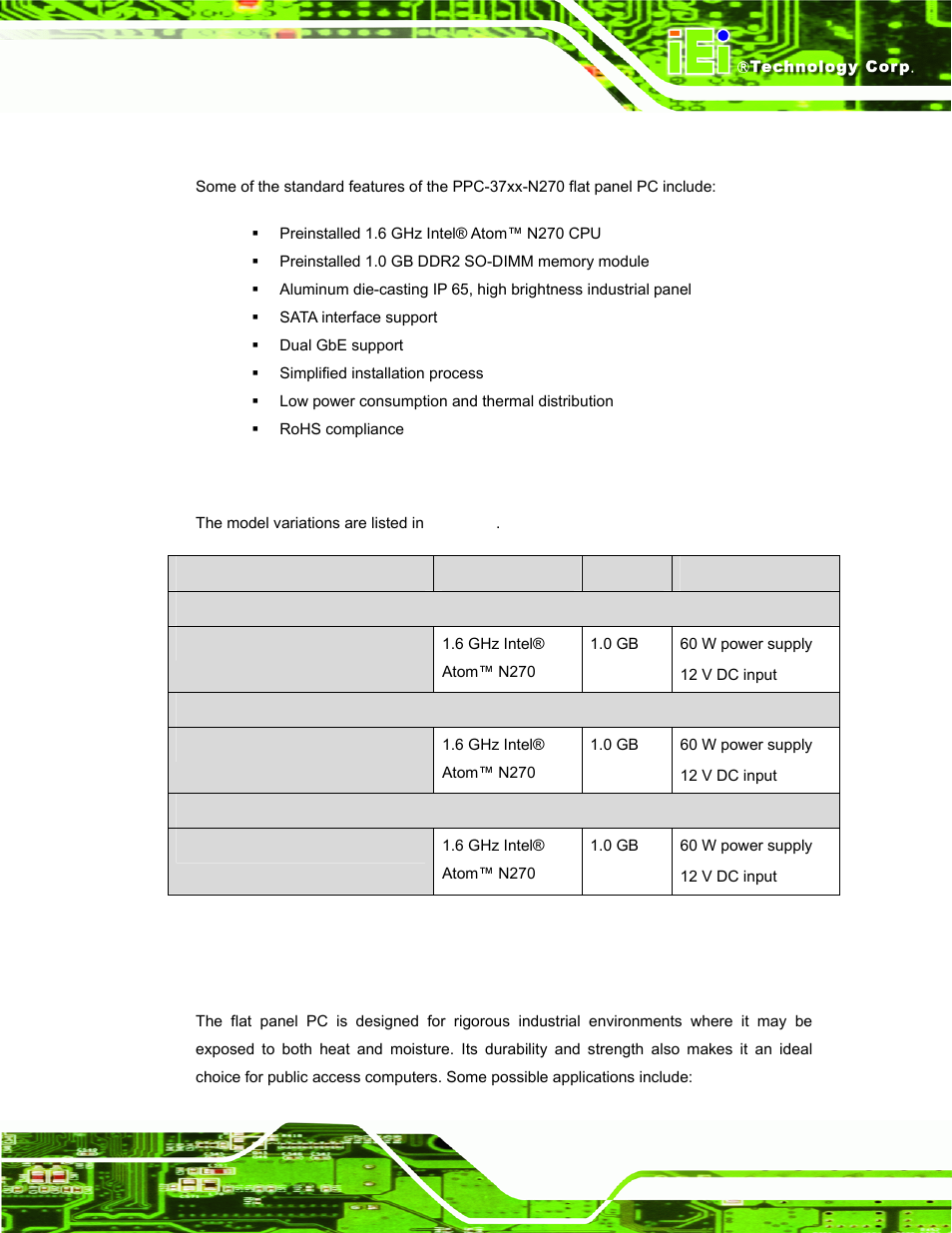 1 features, 2 model variations, 3 applications | Table 1-1: model variations | IEI Integration PPC-37xx-N270 v2.11 User Manual | Page 15 / 155