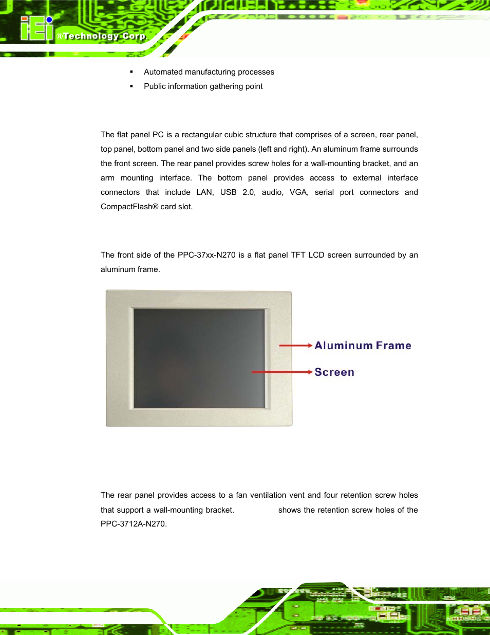 2 external overview, 1 front panel, 2 rear panel | Xternal, Verview, Figure 1-2: front view | IEI Integration PPC-37xx-N270 v2.11 User Manual | Page 16 / 155