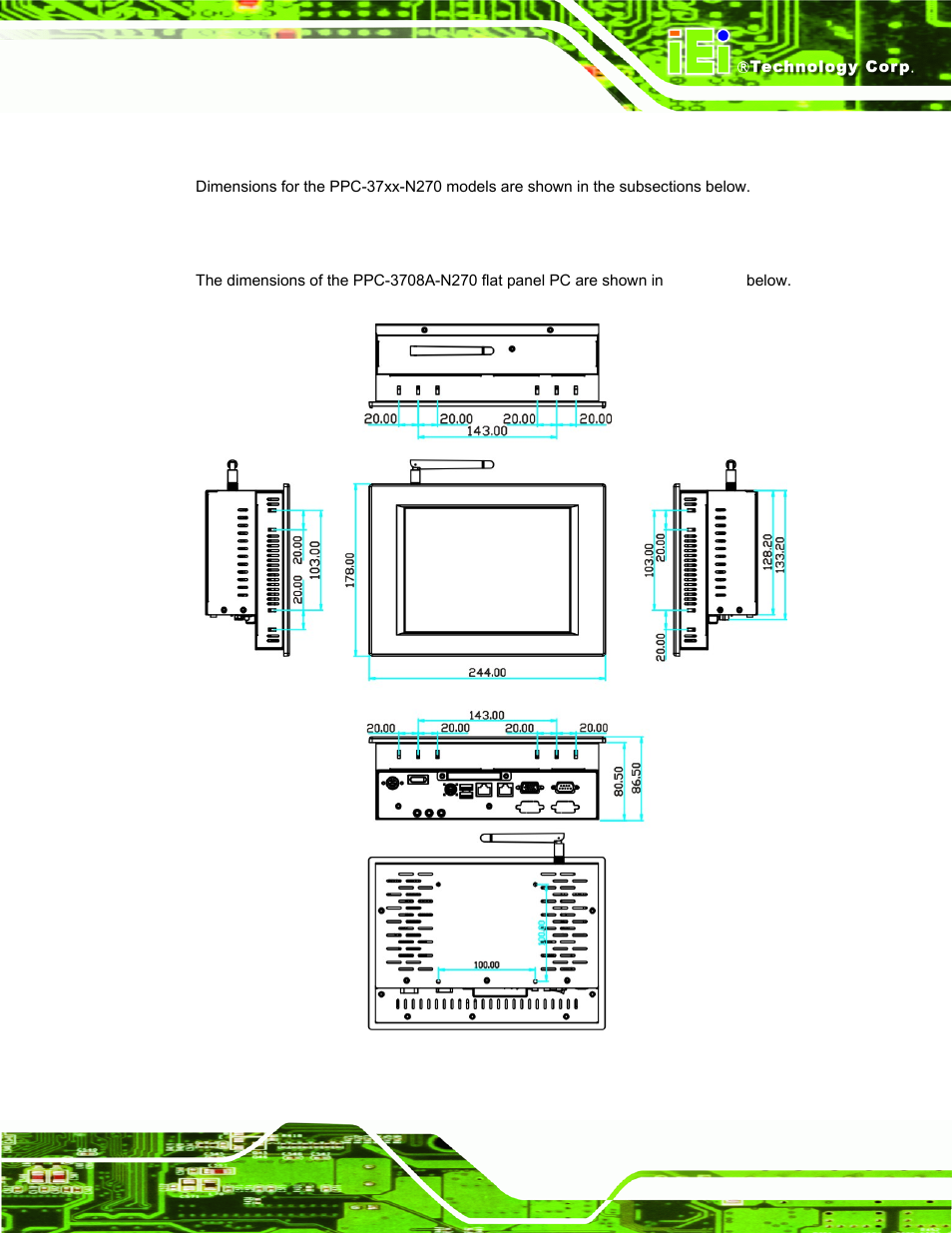 1 dimensions, 1 ppc-3708a-n270 dimensions, Imensions | IEI Integration PPC-37xx-N270 v2.11 User Manual | Page 23 / 155