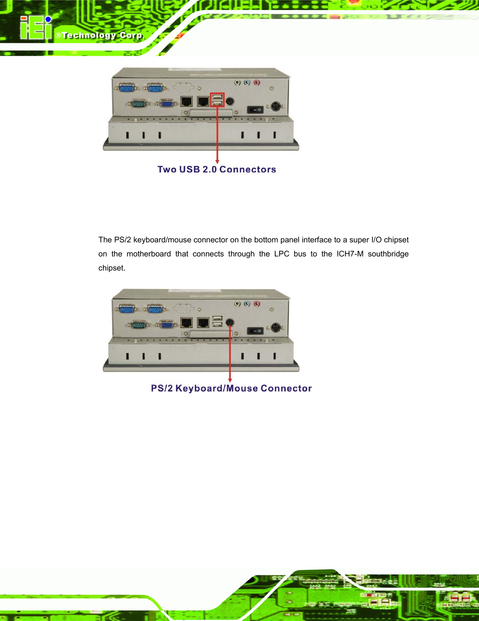 4 keyboard and mouse connectivity, Figure 2-9: ppc-3708a external usb ports, Figure 2-10: ppc-3708a ps/2 connector | IEI Integration PPC-37xx-N270 v2.11 User Manual | Page 30 / 155