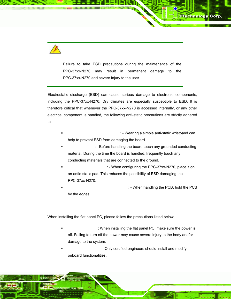 1 anti-static precautions, 2 installation precautions, Static | Recautions, Nstallation | IEI Integration PPC-37xx-N270 v2.11 User Manual | Page 39 / 155