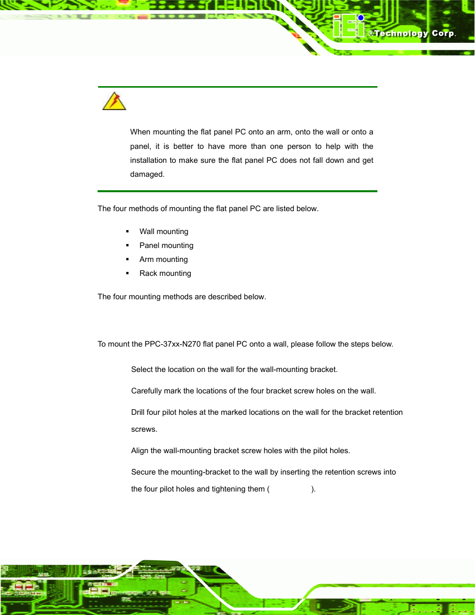 11 mounting the system, 1 wall mounting, Ounting the | Ystem | IEI Integration PPC-37xx-N270 v2.11 User Manual | Page 57 / 155