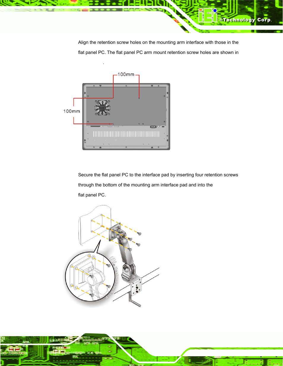 Figure 4-29: arm mounting retention screw holes, Figure 4-30: arm mounting | IEI Integration PPC-37xx-N270 v2.11 User Manual | Page 65 / 155