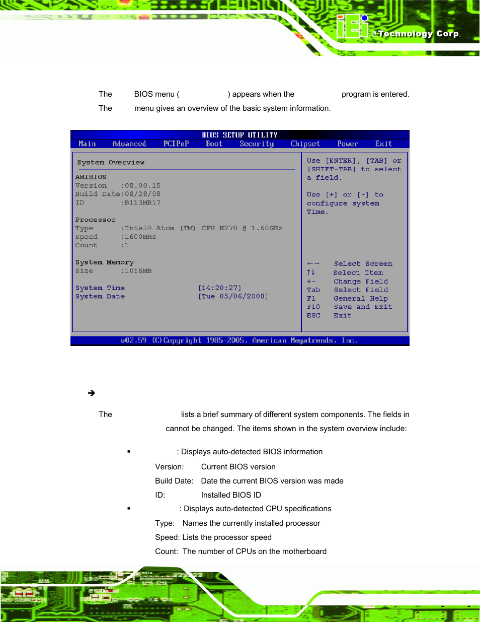 2 main, Menu 1: main | IEI Integration PPC-37xx-N270 v2.11 User Manual | Page 77 / 155