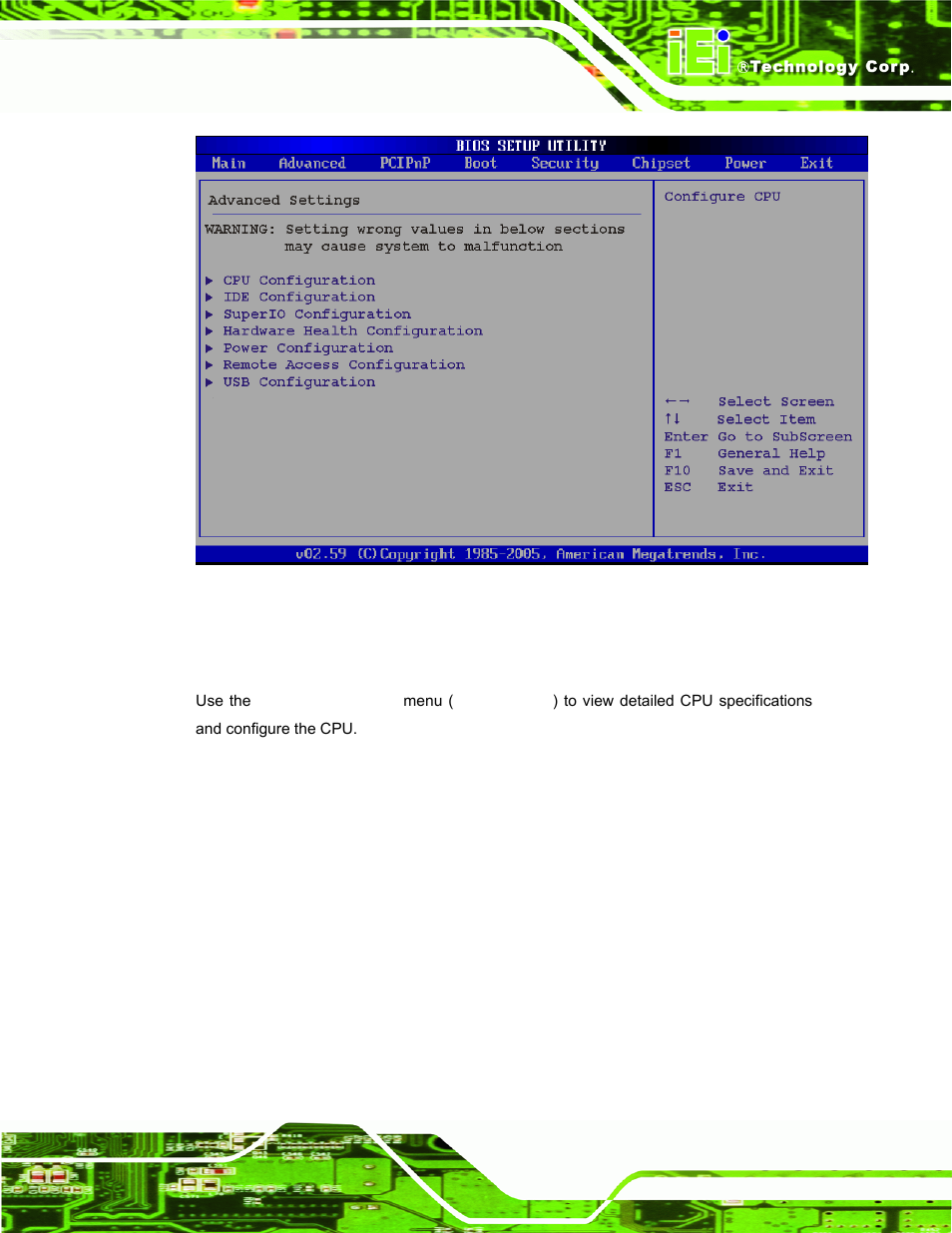 1 cpu configuration, Menu 2: advanced | IEI Integration PPC-37xx-N270 v2.11 User Manual | Page 79 / 155