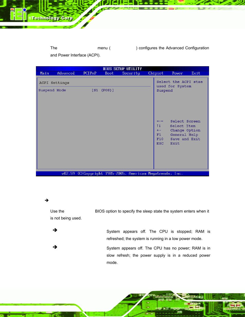 1 acpi configuration, Menu 9: acpi configuration | IEI Integration PPC-37xx-N270 v2.11 User Manual | Page 96 / 155