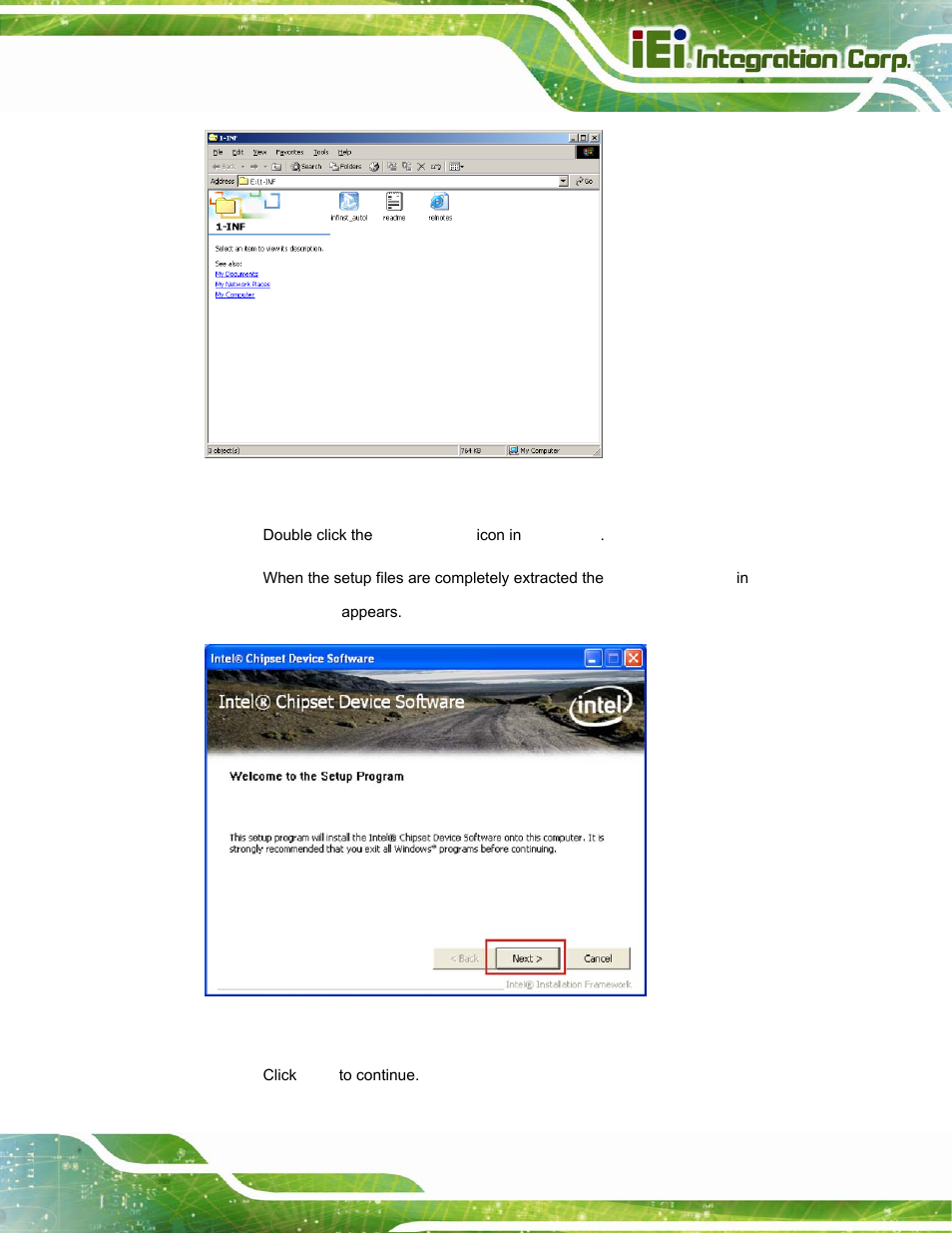 Figure 6-2: chipset driver installation program, Figure 6-3: chipset driver welcome screen | IEI Integration PPC-37xx-N270 v2.20 User Manual | Page 125 / 162