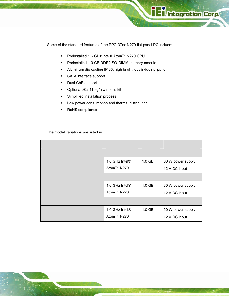 1 features, 2 model variations, Table 1-1: model variations | IEI Integration PPC-37xx-N270 v2.20 User Manual | Page 17 / 162