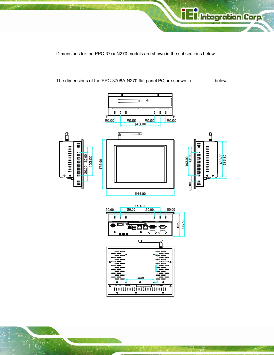 1 dimensions, 1 ppc-3708a-n270 dimensions, N 2.1 | Imensions | IEI Integration PPC-37xx-N270 v2.20 User Manual | Page 25 / 162