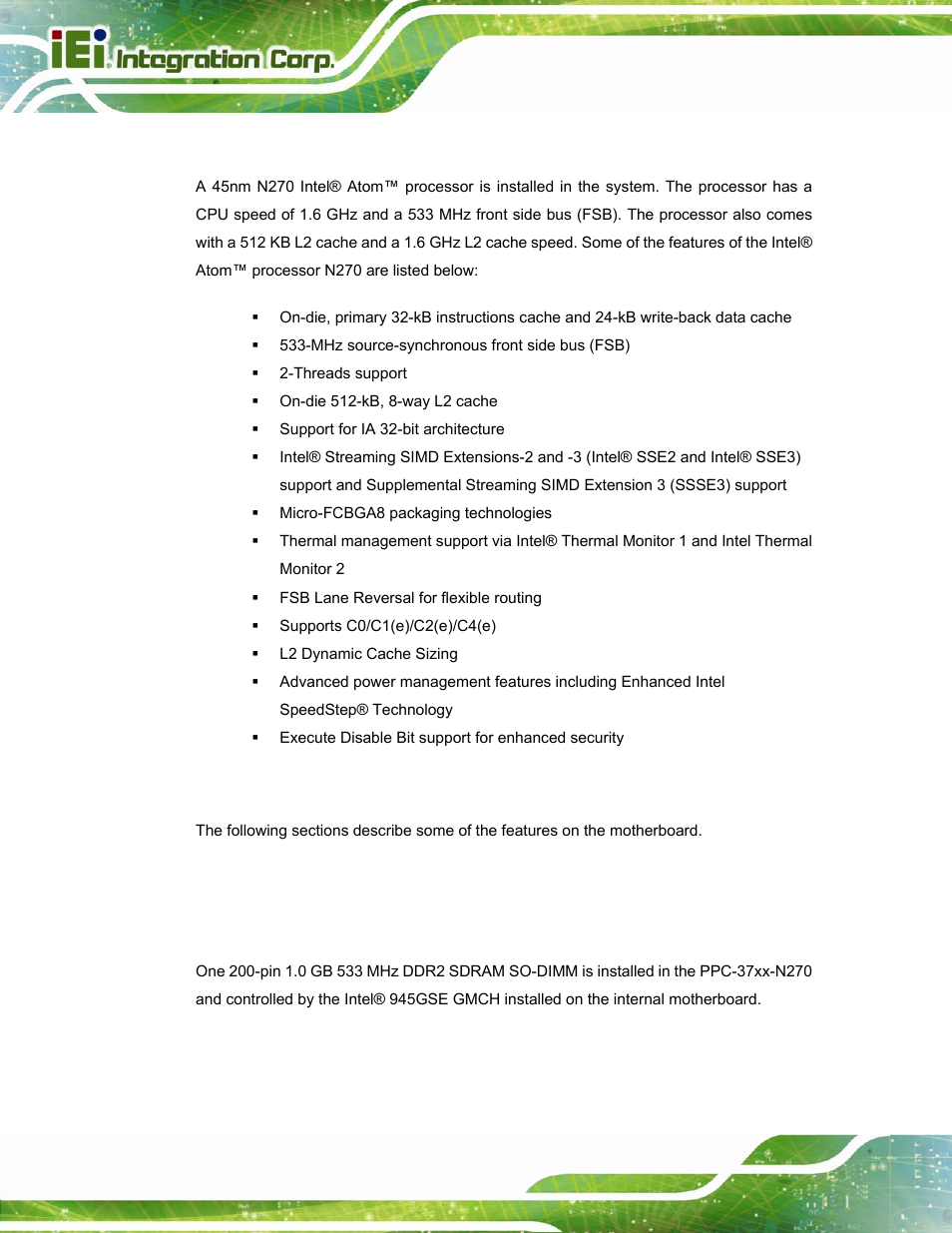 2 intel® atom™ processor, 3 motherboard components, 1 memory support | 1 installed memory, Ntel, Rocessor, Otherboard, Omponents | IEI Integration PPC-37xx-N270 v2.20 User Manual | Page 28 / 162