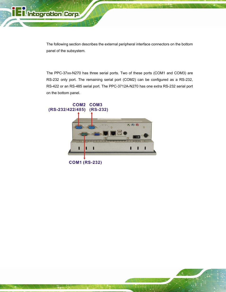 4 external peripheral interface connectors, 1 serial port connectors, Xternal | Eripheral, Nterface, Onnectors, Figure 2-6: ppc-3708a com ports | IEI Integration PPC-37xx-N270 v2.20 User Manual | Page 30 / 162