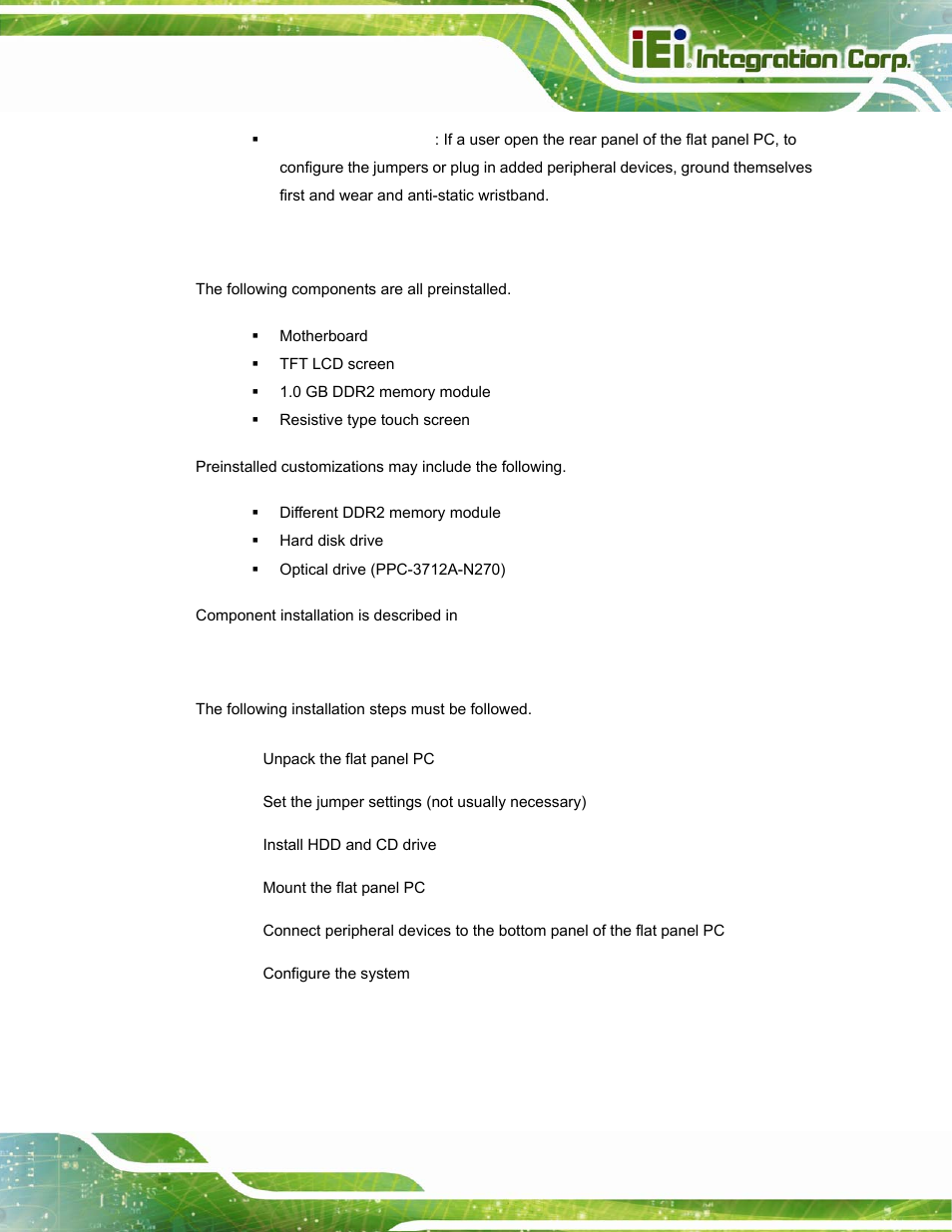 3 preinstalled components, 4 installation and configuration steps, Reinstalled | Omponents, Nstallation and, Onfiguration, Teps | IEI Integration PPC-37xx-N270 v2.20 User Manual | Page 43 / 162