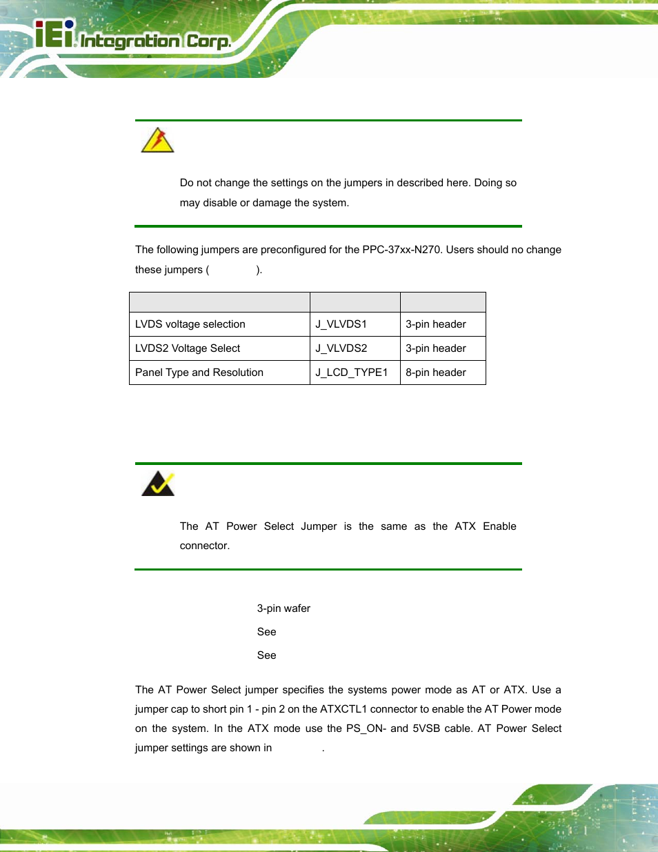 2 preconfigured jumpers, 3 at power select jumper settings, Table 4-2: preconfigured jumpers | IEI Integration PPC-37xx-N270 v2.20 User Manual | Page 54 / 162
