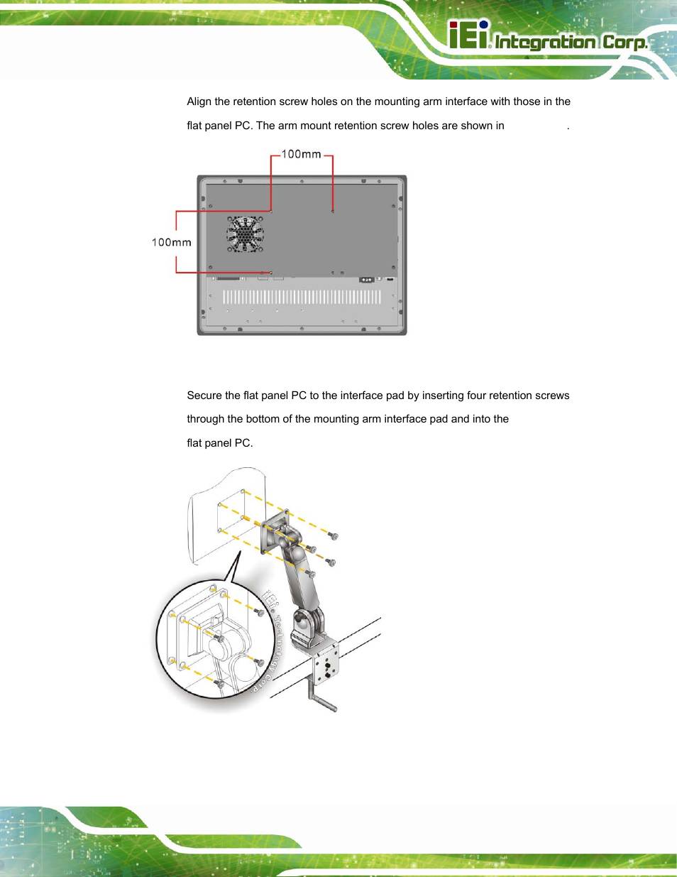 Figure 4-28: arm mounting retention screw holes, Figure 4-29: arm mounting | IEI Integration PPC-37xx-N270 v2.20 User Manual | Page 67 / 162