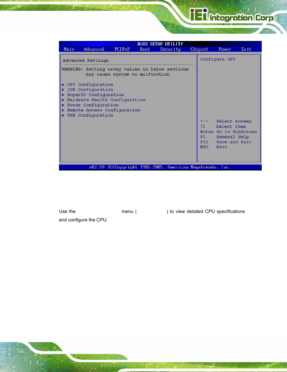1 cpu configuration, Menu 2: advanced | IEI Integration PPC-37xx-N270 v2.20 User Manual | Page 81 / 162