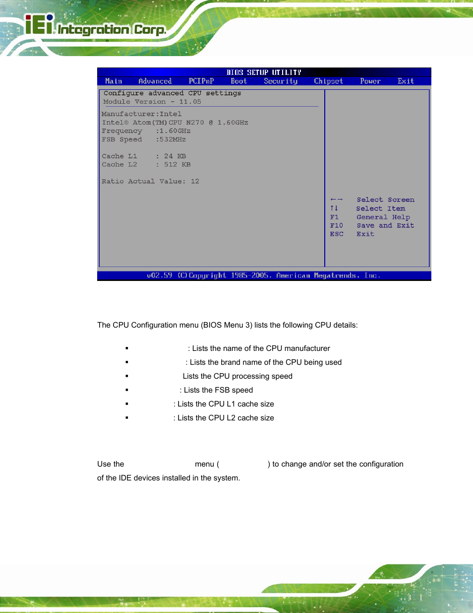 2 ide configuration, Menu 3: cpu configuration | IEI Integration PPC-37xx-N270 v2.20 User Manual | Page 82 / 162