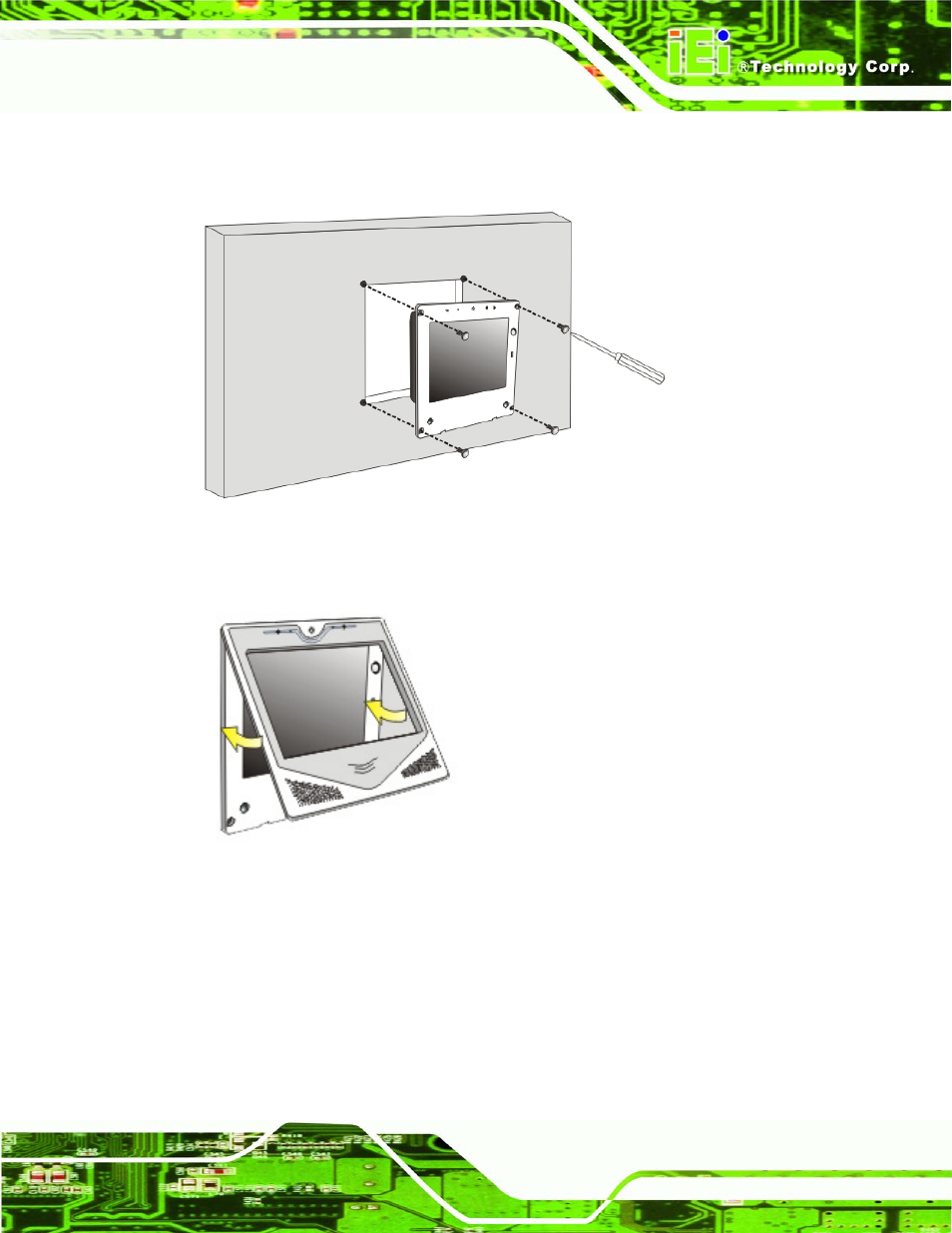 3 arm mounting, Figure 2-11: tighten the in-wall mounting screws, Figure 2-12: faceplate installation | IEI Integration ACT-457A User Manual | Page 31 / 67