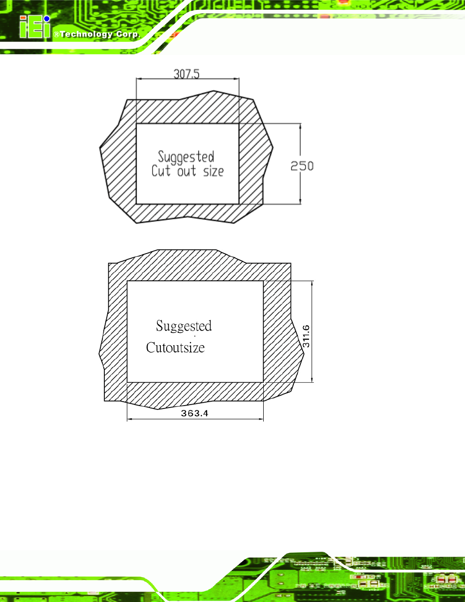 Figure 4-23: afl-412a-n270 in-wall opening, Figure 4-24: afl-415a/ae-n270 in-wall opening, Figure 4-23 for | IEI Integration AFL-4 series-N270 v2.11 User Manual | Page 66 / 168