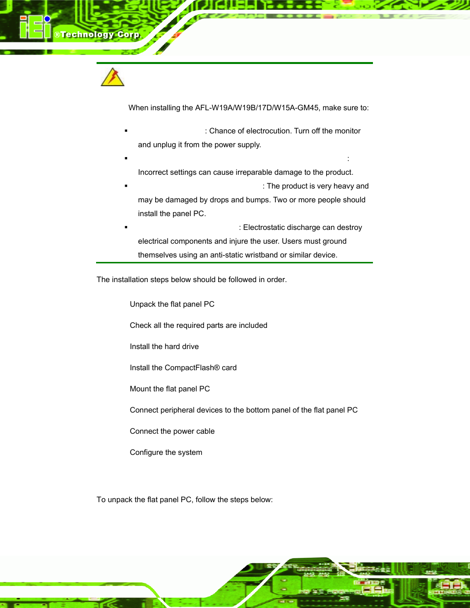 1 unpack the panel pc, Npack the, Anel | IEI Integration AFL-W19A_W19B_17D_W15A-GM45 v2.10 User Manual | Page 24 / 138