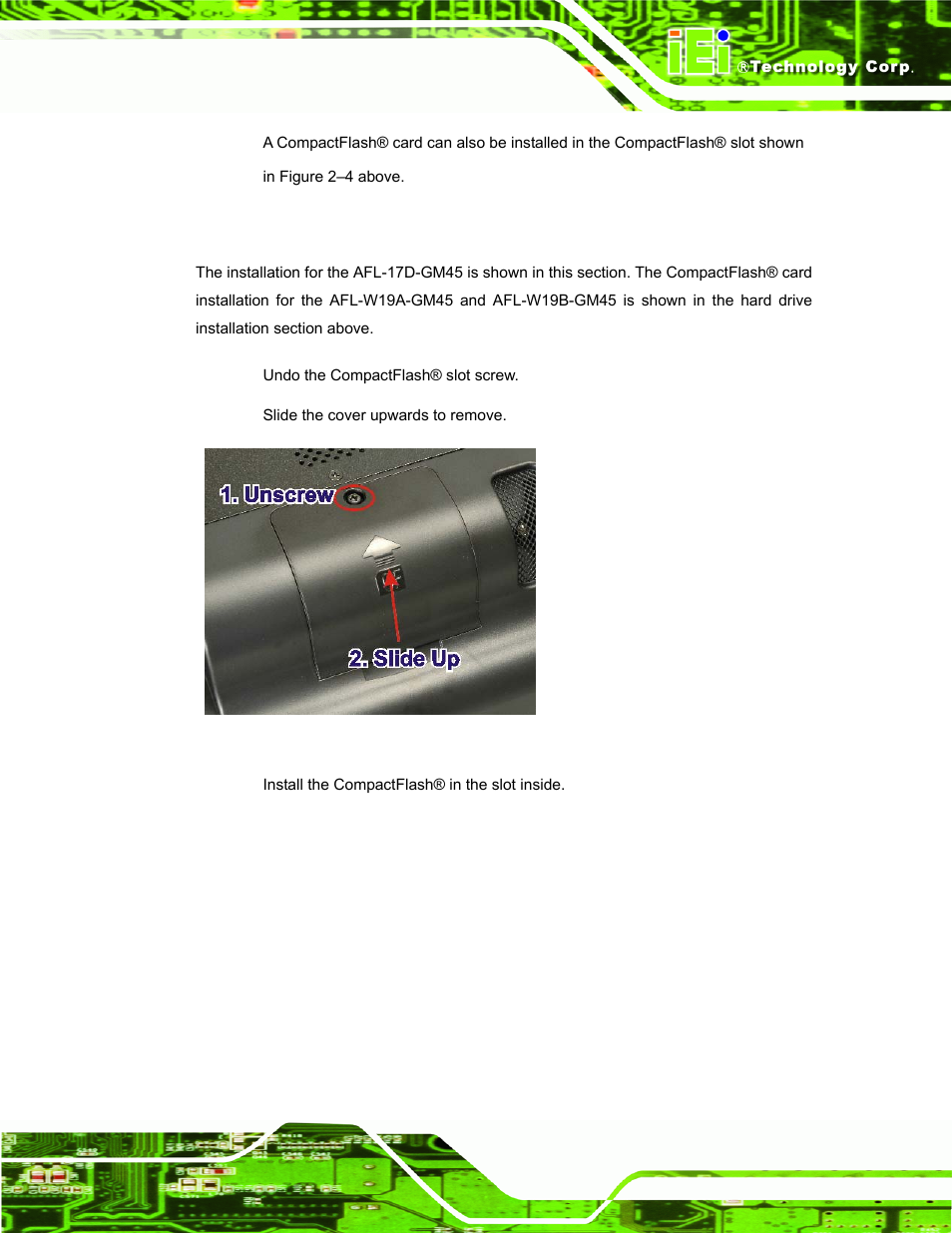 4 compactflash® installation, Ompact, Lash | Nstallation, Figure 2–5: remove compactflash® cover | IEI Integration AFL-W19A_W19B_17D_W15A-GM45 v2.10 User Manual | Page 29 / 138