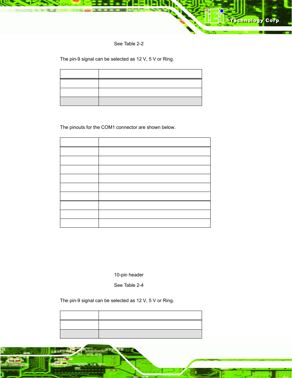 2 com3 pin-9 setup, Table 2-2: com1 pin-9 setup, Table 2-3: com1 pinouts | IEI Integration AFL-W19A_W19B_17D_W15A-GM45 v2.10 User Manual | Page 31 / 138