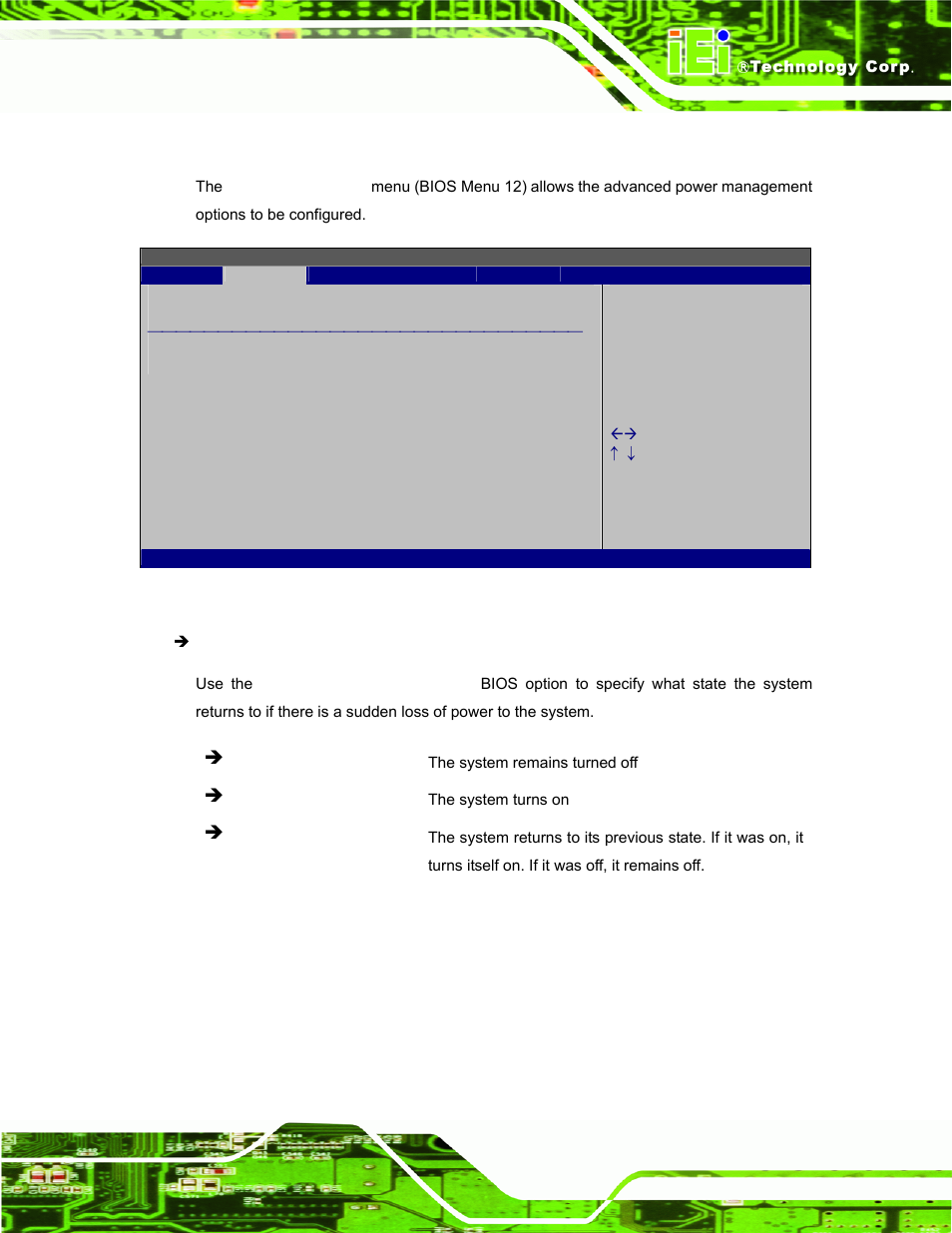 7 power configuration, Bios menu 12: apm configuration | IEI Integration AFL-W19A_W19B_17D_W15A-GM45 v2.10 User Manual | Page 65 / 138