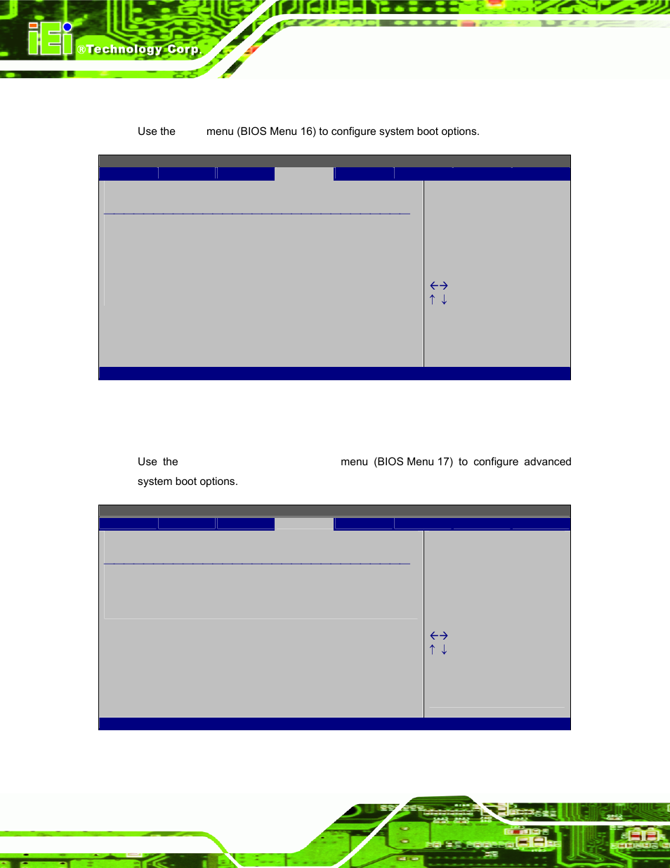 5 boot, 1 boot settings configuration, Bios menu 16: boot | Bios menu 17: boot settings configuration | IEI Integration AFL-W19A_W19B_17D_W15A-GM45 v2.10 User Manual | Page 72 / 138