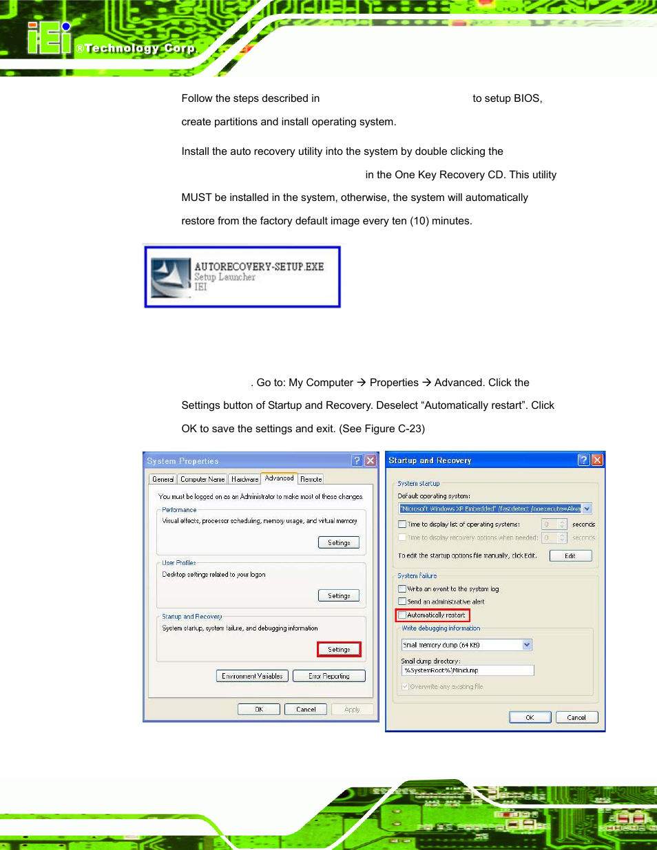 Figure c-22: auto recovery utility, Figure c-23: disable automatically restart | IEI Integration AFL-W19A_W19B_17D_W15A-GM45 v2.20 User Manual | Page 117 / 151