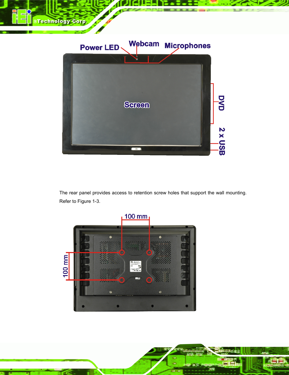 2 rear panel, Figure 1-2: front panel, Figure 1-3: rear panel | IEI Integration AFL-W19A_W19B_17D_W15A-GM45 v2.20 User Manual | Page 15 / 151