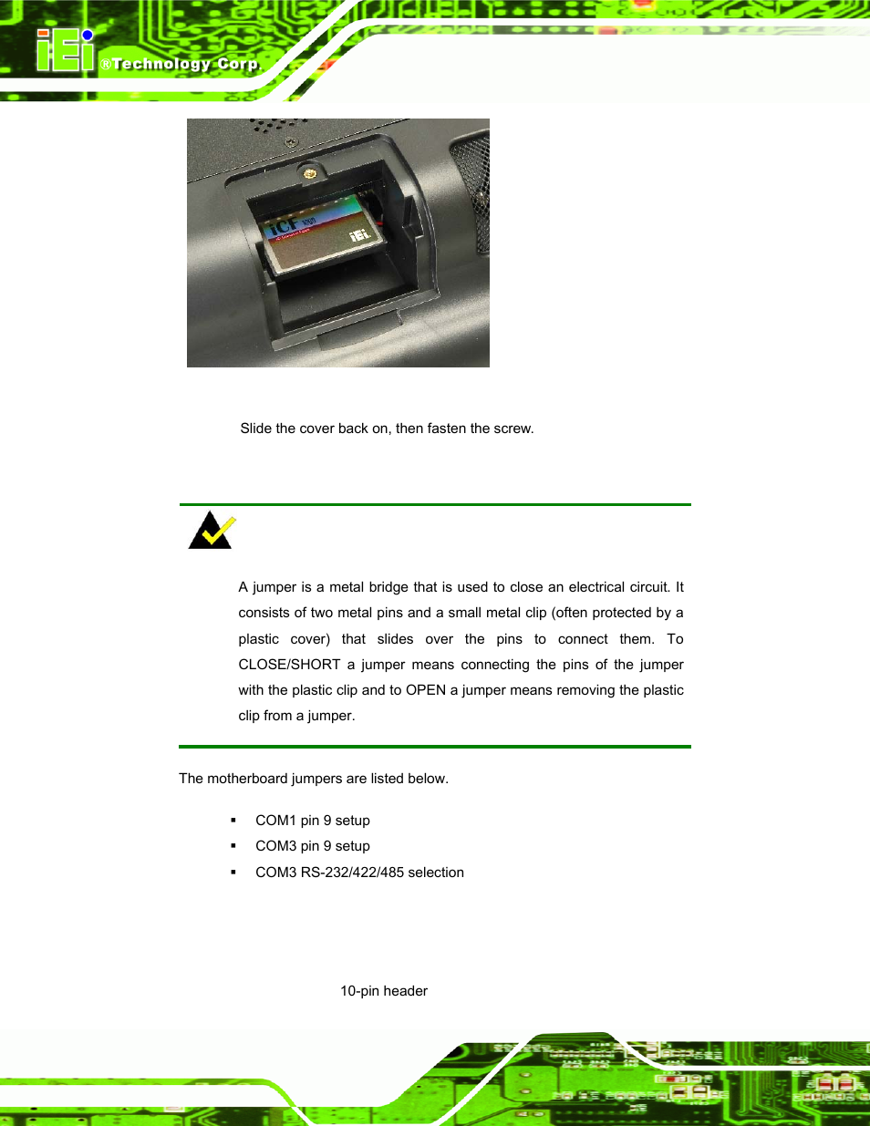 5 jumper settings, 1 com1 pin-9 setup, Umper | Ettings, Figure 2–6: compactflash® install | IEI Integration AFL-W19A_W19B_17D_W15A-GM45 v2.20 User Manual | Page 29 / 151