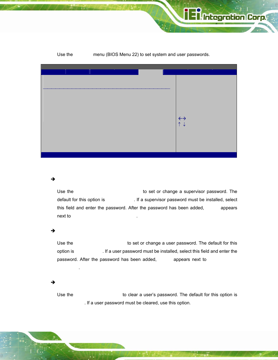 6 security, Ecurity, Bios menu 22: security | IEI Integration AFL-W15A_17D-GM45 v3.00 User Manual | Page 76 / 148