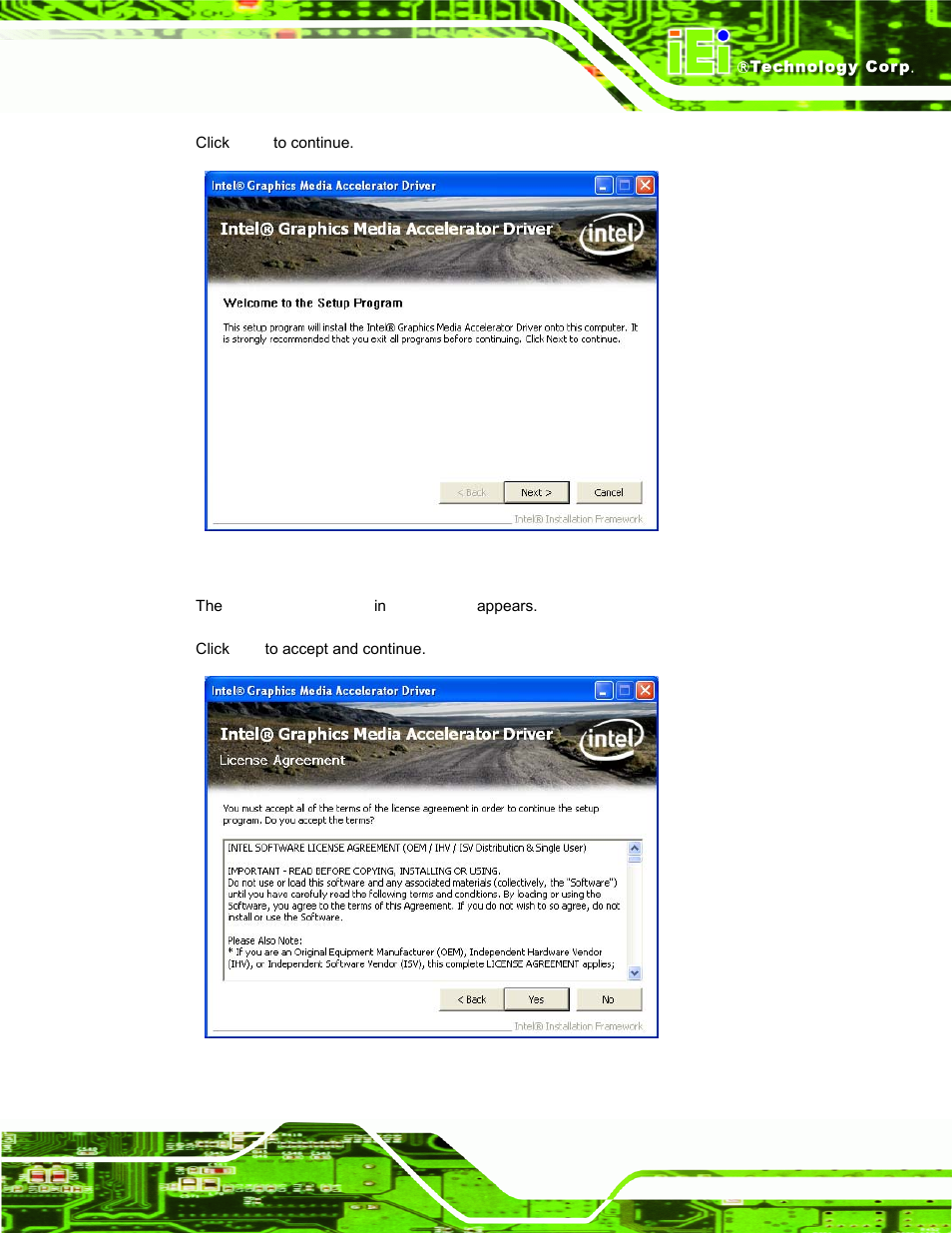 Figure 6-10: vga driver welcome screen, Figure 6-11: vga driver license agreement | IEI Integration AFL-19i-HM55 v1.01 User Manual | Page 103 / 139