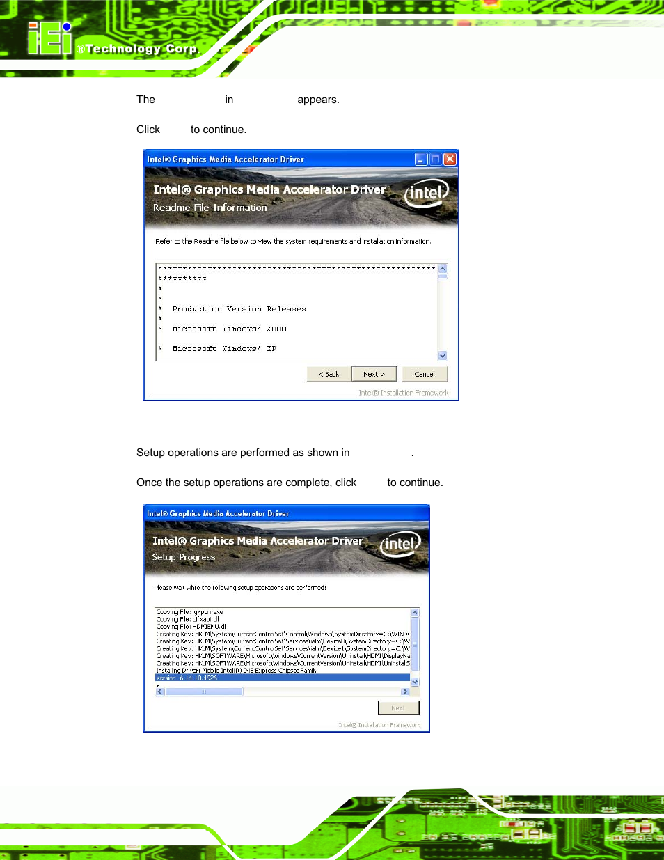 Figure 6-12: vga driver readme file, Figure 6-13: vga driver setup operations | IEI Integration AFL-19i-HM55 v1.01 User Manual | Page 104 / 139