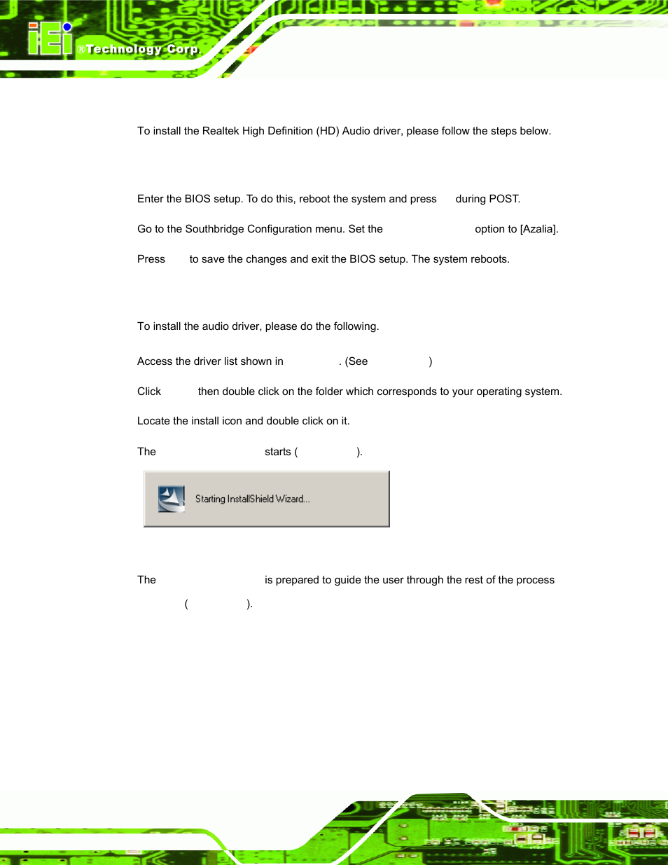 6 audio driver installation, 1 bios setup, 2 driver installation | Udio, River, Nstallation, Figure 6-19: the installshield wizard starts | IEI Integration AFL-19i-HM55 v1.01 User Manual | Page 108 / 139