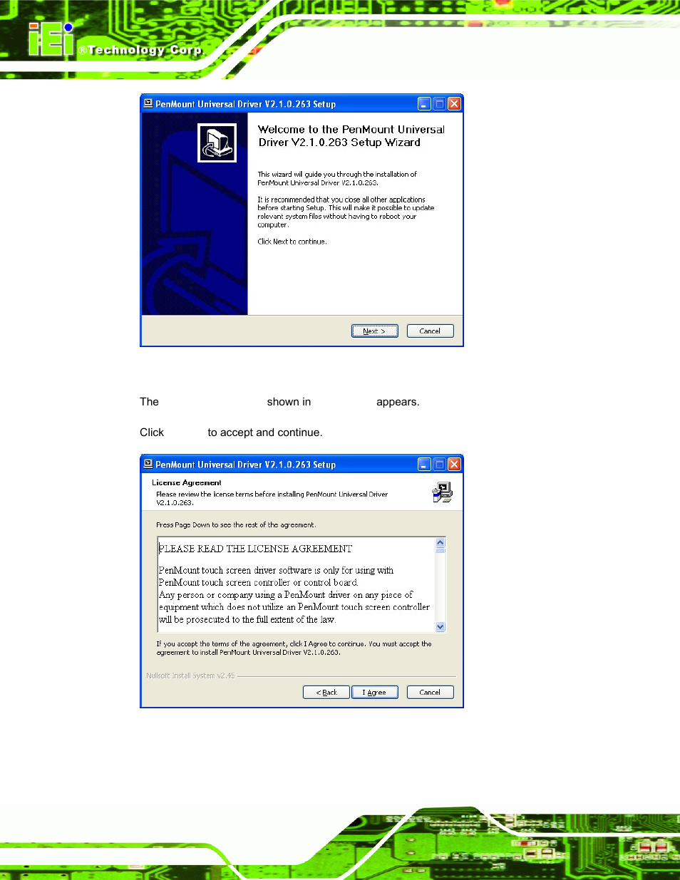 Figure 6-25: penmount welcome screen, Figure 6-26: license agreement | IEI Integration AFL-19i-HM55 v1.01 User Manual | Page 112 / 139