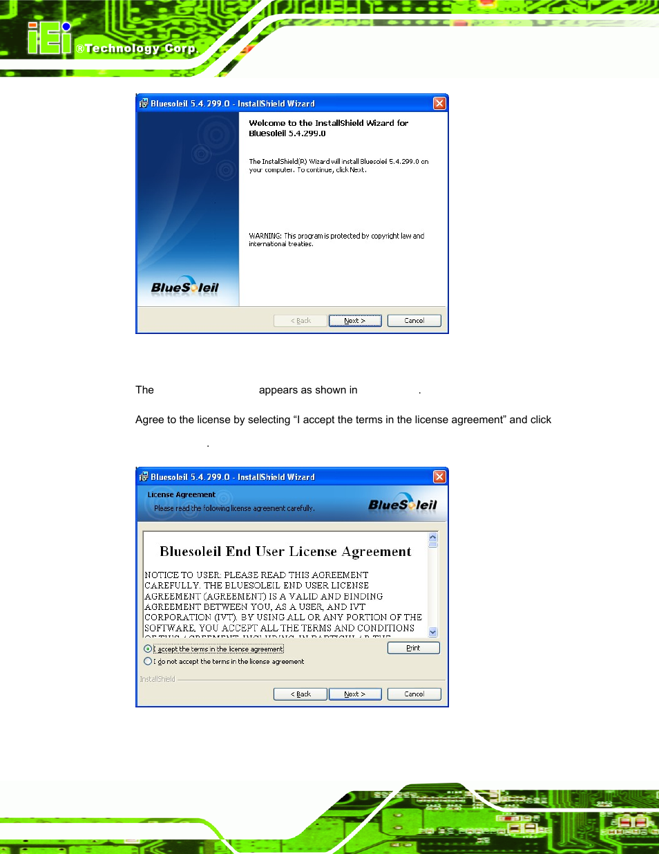 Figure 6-34: welcome screen, Figure 6-35: license agreement | IEI Integration AFL-19i-HM55 v1.01 User Manual | Page 118 / 139