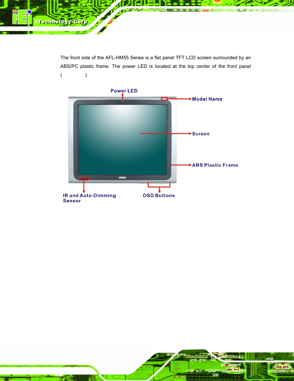 2 front panel, Figure 1-2: afl-hm55 series front view | IEI Integration AFL-19i-HM55 v1.01 User Manual | Page 16 / 139