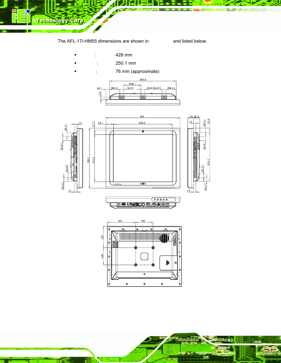 Figure 1-7: afl-17i-hm55 dimensions (mm) | IEI Integration AFL-19i-HM55 v1.01 User Manual | Page 22 / 139