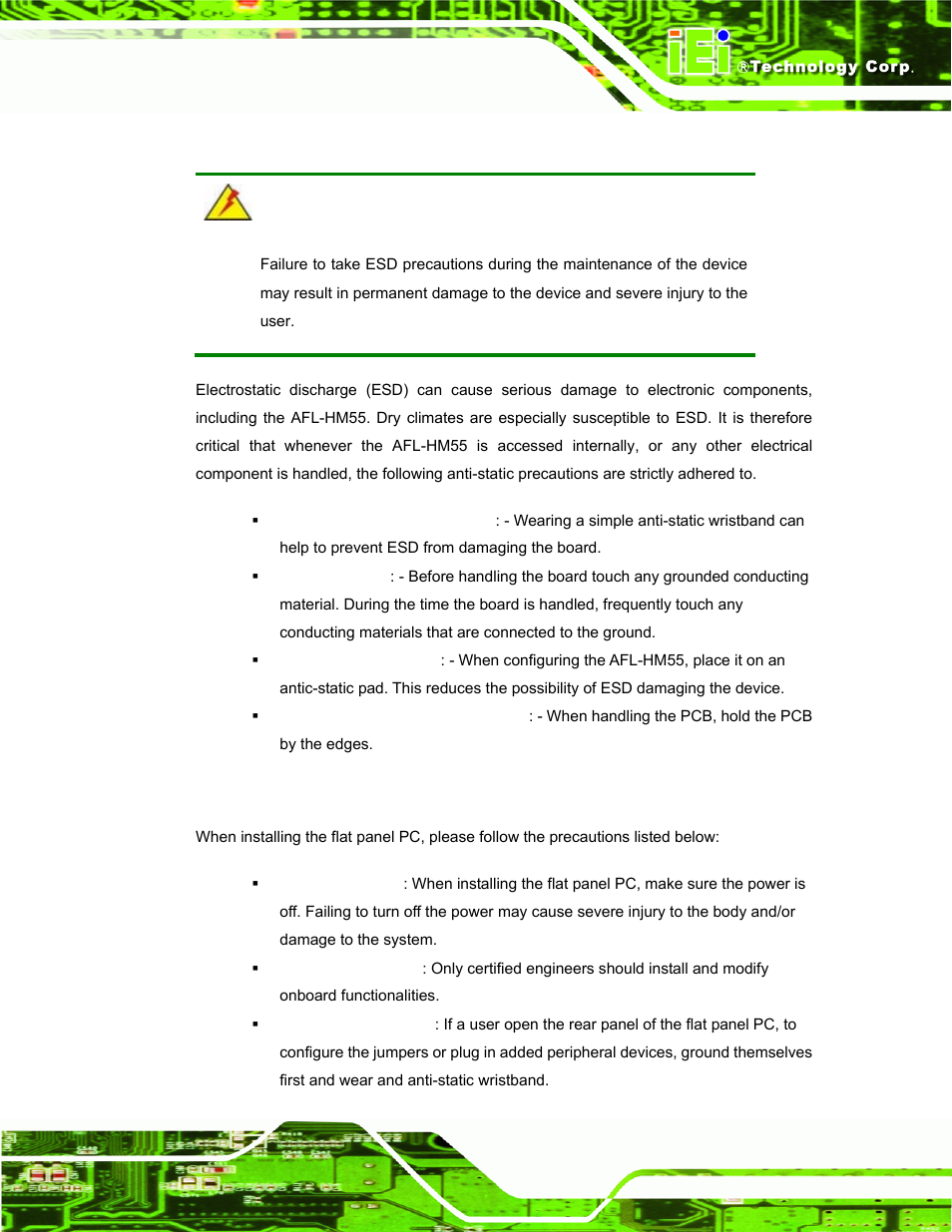 1 anti-static precautions, 2 installation precautions, Static | Recautions, Nstallation | IEI Integration AFL-19i-HM55 v1.01 User Manual | Page 31 / 139
