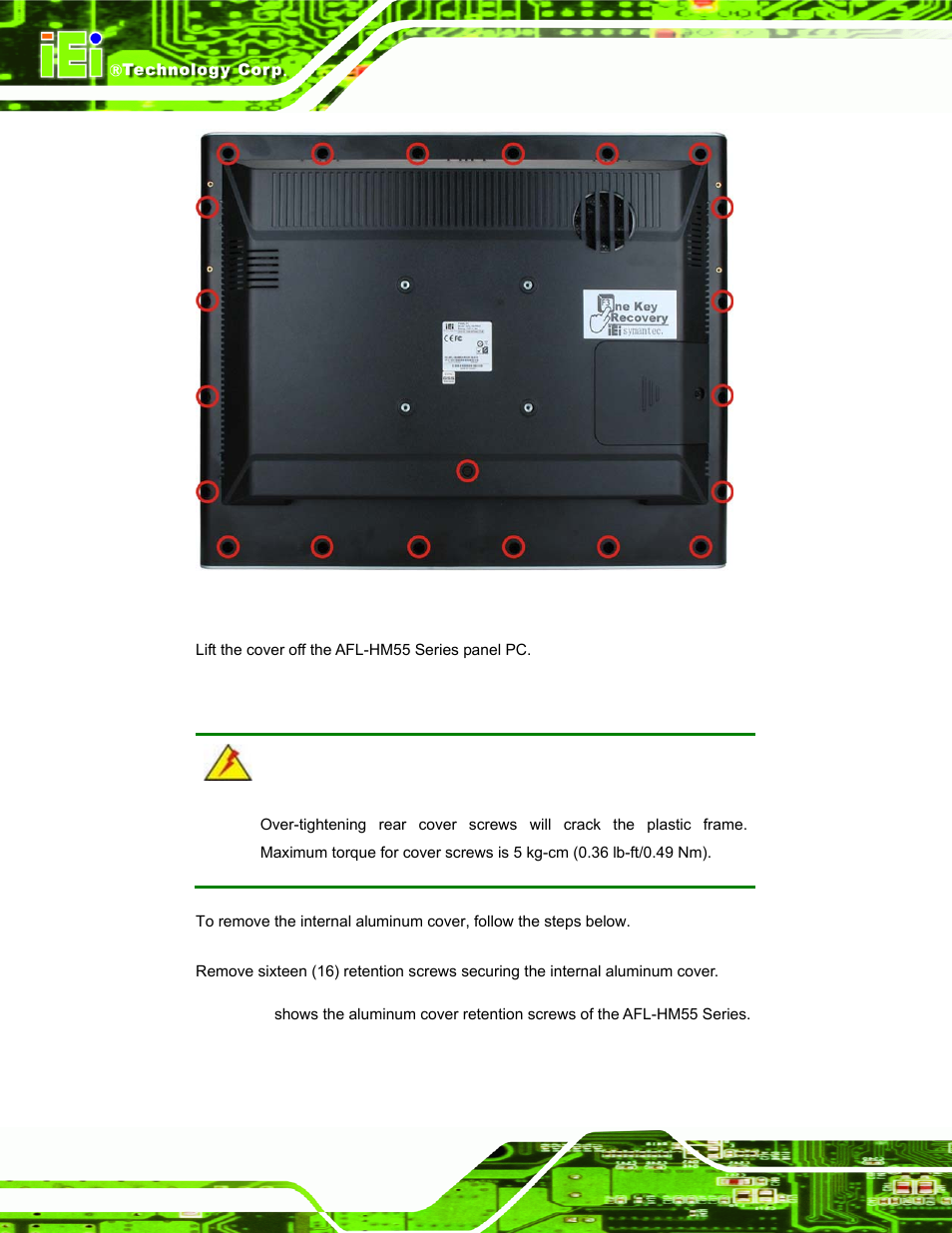 8 removing the internal aluminum cover, Emoving the, Nternal | Luminum, Over | IEI Integration AFL-19i-HM55 v1.01 User Manual | Page 36 / 139