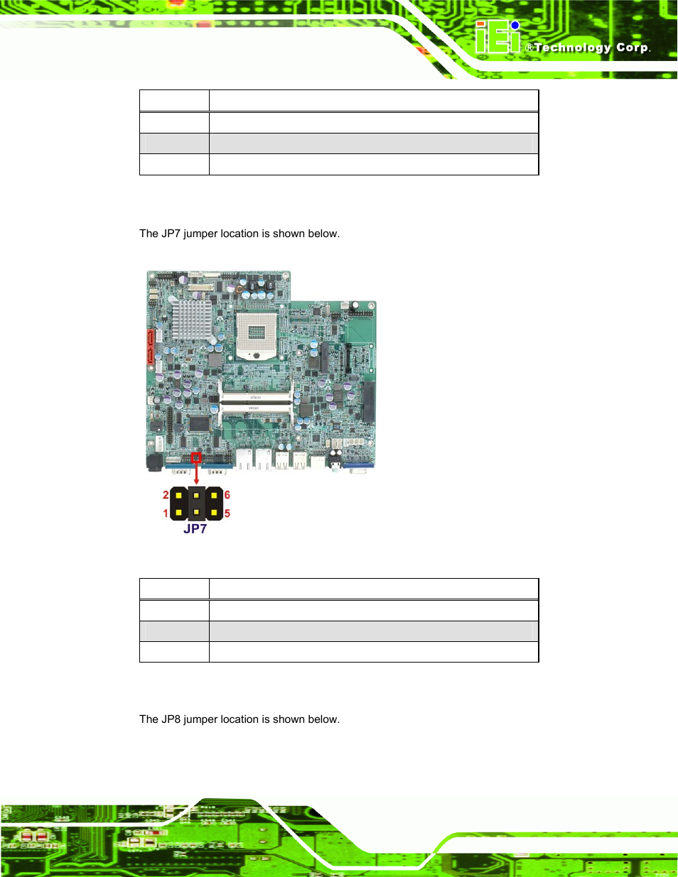 Figure 3-7: jp7 jumper setting location, Table 3-4: com1 pin 9 setting jumper settings, Table 3-5: com3 pin 9 setting jumper settings | Afl-hm55 series panel pc page 29 | IEI Integration AFL-19i-HM55 v1.01 User Manual | Page 41 / 139