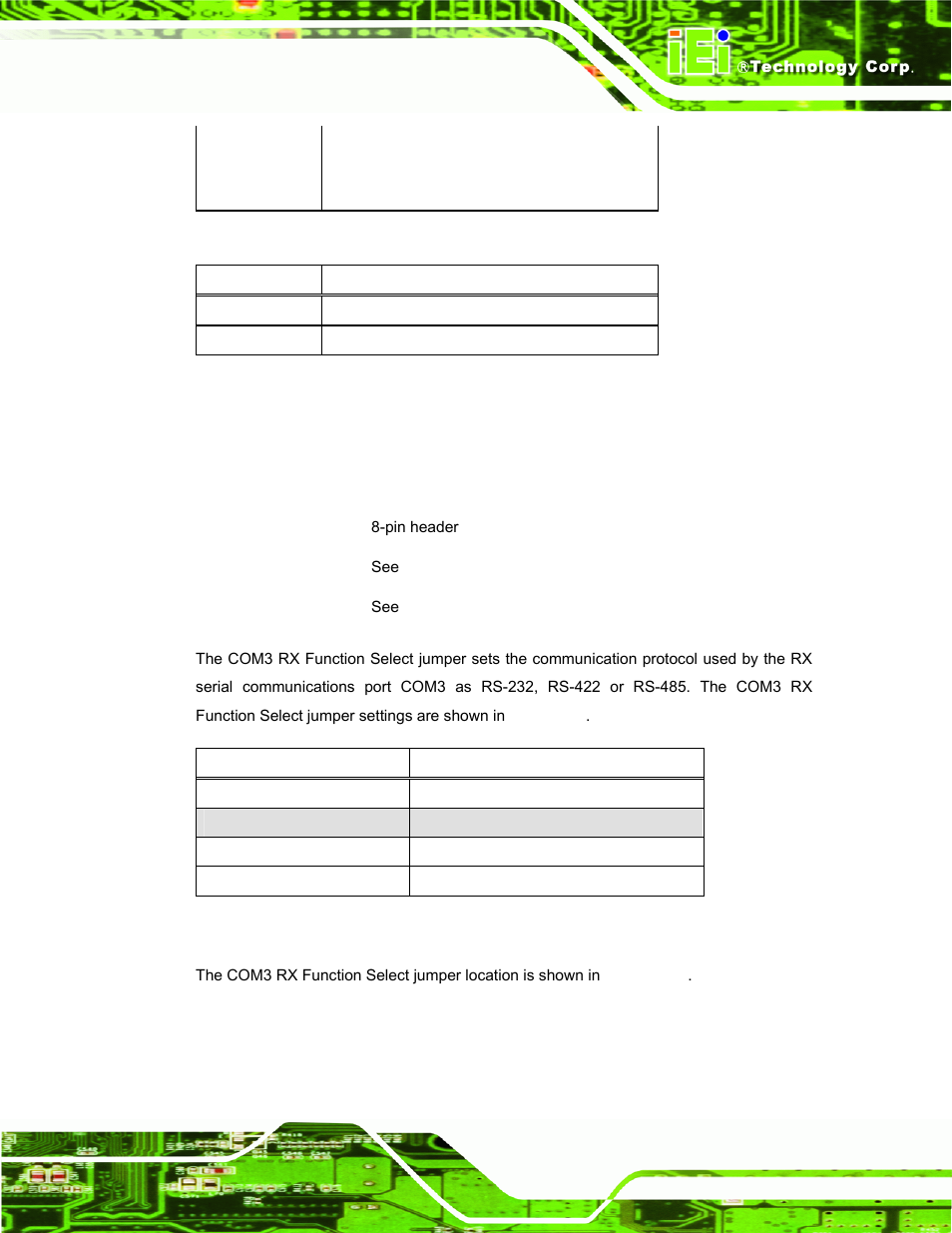 7 com3 rs function select jumper, Table 3-8: rs-422 pinouts, Table 3-9: rs-485 pinouts | Afl-hm55 series panel pc page 33 | IEI Integration AFL-19i-HM55 v1.01 User Manual | Page 45 / 139