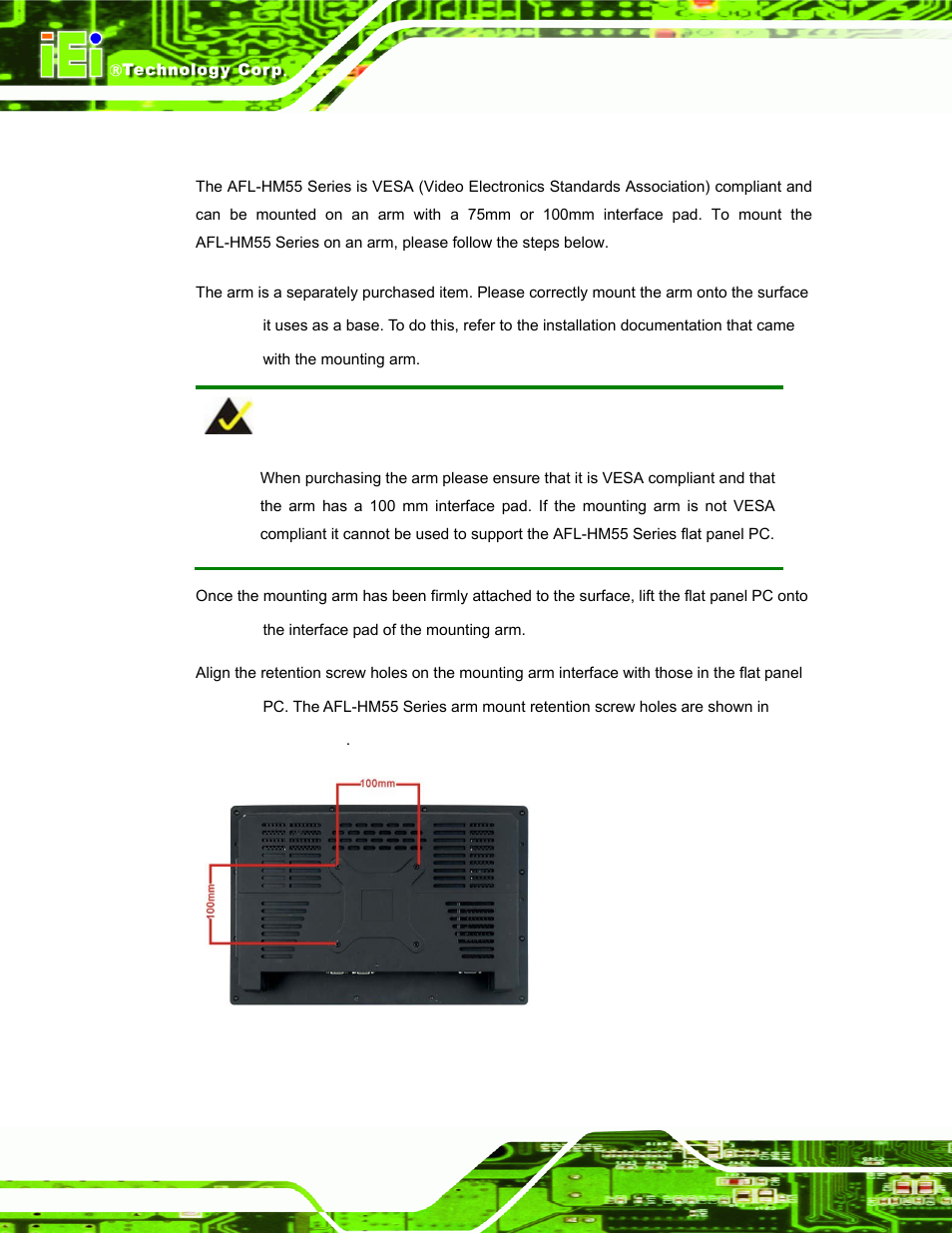 3 arm mounting, Figure 3-23: arm mounting retention screw holes | IEI Integration AFL-19i-HM55 v1.01 User Manual | Page 56 / 139